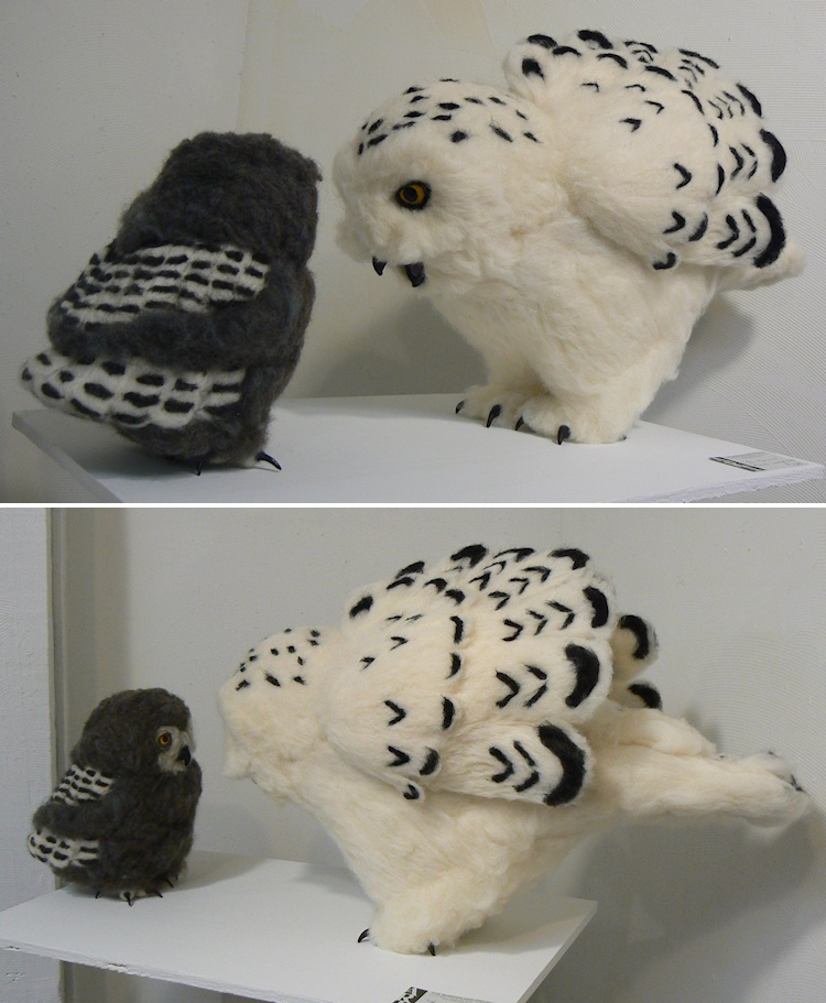 Needle-felted Snowy Owls
