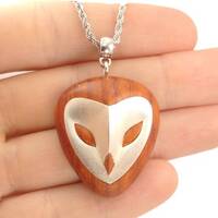 Handmade Elegant wood silver owl necklace, barn owl pendant 