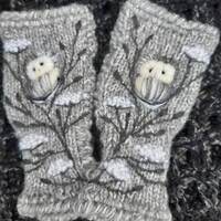 Hand knitted fingerless mittens with embroidery owls