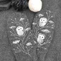 Knitted and felted lined winter mittens with embroidery owl,soft and casual double mittens,w...