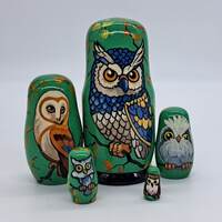 5" Nesting dolls Owls Matryoshka Handmade and painted Bird Russian doll 5 in 1 Wooden t...