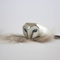 Owl ring with blue ocean diamonds eyes, silver owl jewelry, blue diamond owl ring, barn owl ...