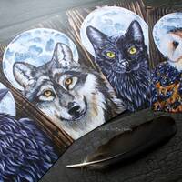 4 x A4 art prints, Full Moon series, black cat, raven, owl, wolf