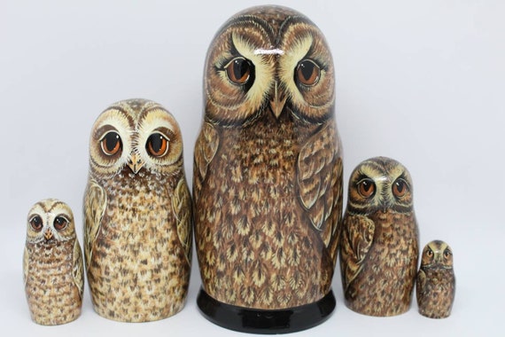 Nesting dolls Matryoshka Wise Owls Hand made Bird Russian doll 7" tall 5 in 1