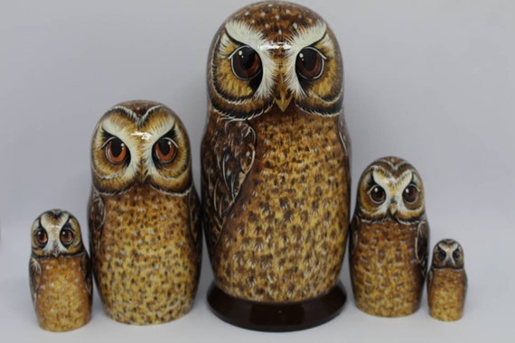 Nesting dolls Matryoshka Owls family Hand made Bird Russian doll 7" tall 5 in 1