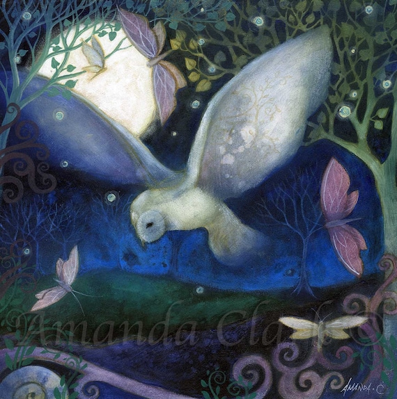 Print titled "The Owl and Moon" by Amanda Clark - fairytale art print, woodland art, owl art print, wildlife art print, nature artwork