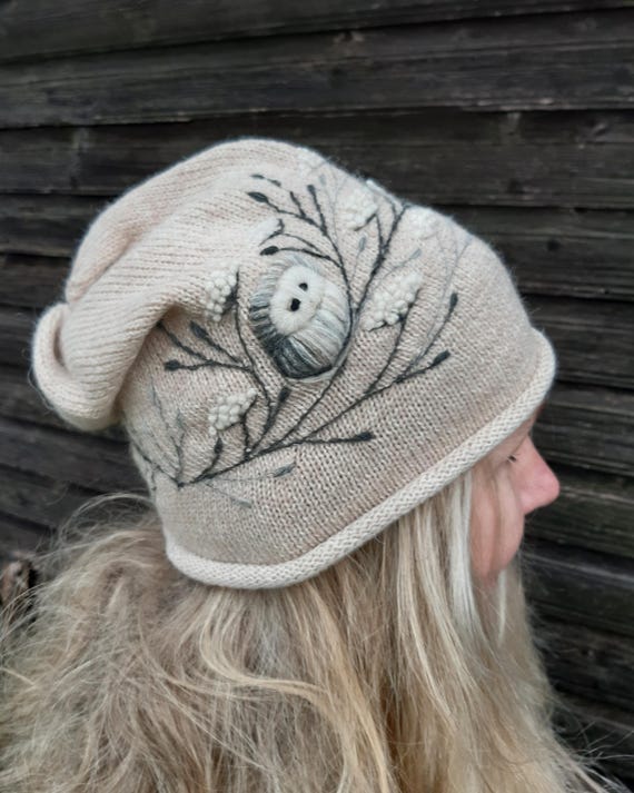 Merino wool knitted beanie hat with embroidery owl,winter accessories,soft and casual Christmas gift,gray and white owl collection.