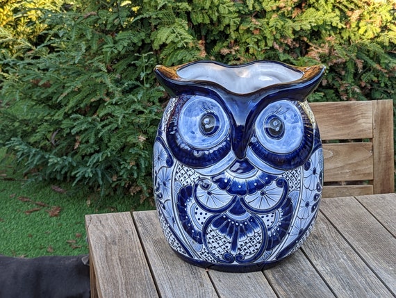 Pre-Order | Gorgeous Blue Owl Planter is 14" Ceramic Flower Pot & Handmade Talavera Pottery from Mexico, Big Bold Garden Art and Yard Decor