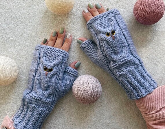 Owl fingerless mittens woman owl lovers handmade gift Knit Fingerless gloves mitts for girl