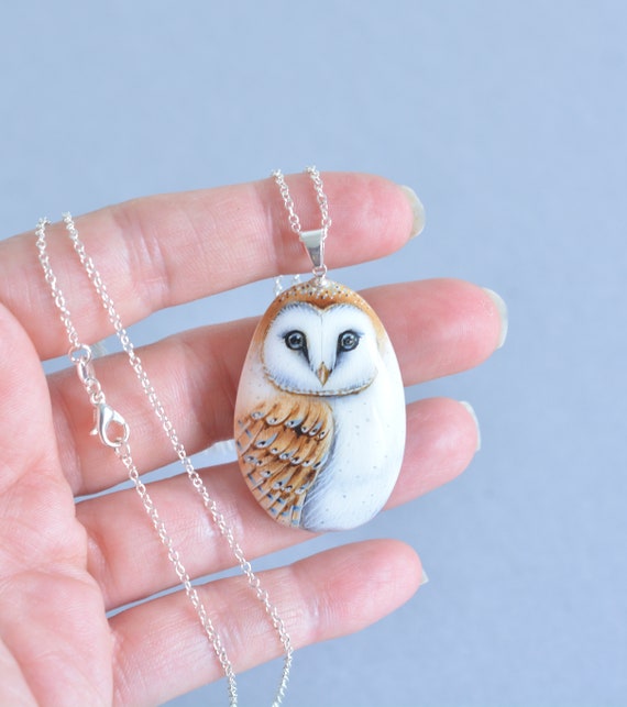 Hand painted stone, Owl, Barn owl, pendant/necklace