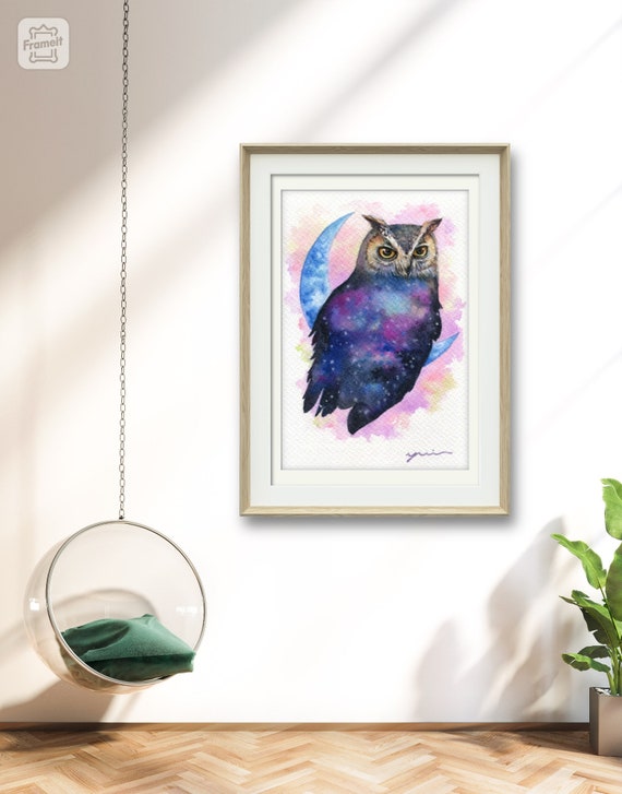 Galaxy Owl Watercolor Art - Digital Download, Printable Wall Art (JPG), watercolor hand-painted by yui Chatkamol, fantasy lunar wall art