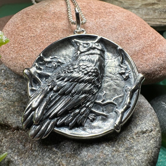 Owl Necklace, Full Moon Pendant, Nature Jewelry, Bird Necklace, Bird Lover Gift, Owl Gift, Woodland Jewelry, Irish Jewelry, Mom Gift