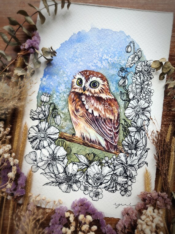 Hand-Painted Watercolor Owl with Hand-Drawn Floral Ink Border, Digital Download, Printable