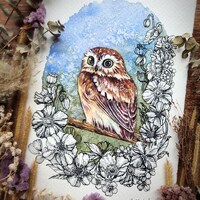 Hand-Painted Watercolor Owl with Hand-Drawn Floral Ink Border, Digital Download, Printable