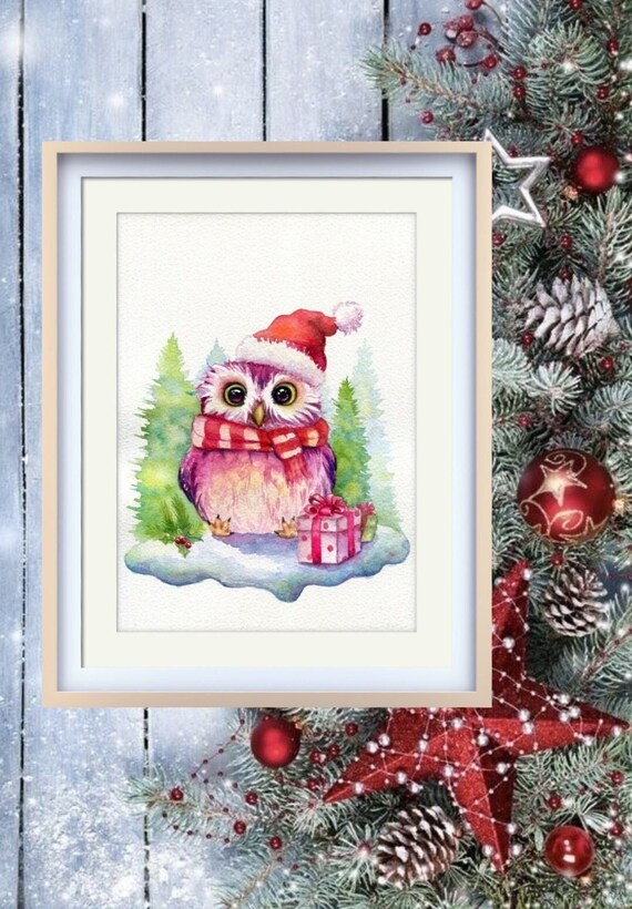 Owl Christmas, Instant download, Christmas cards, printable Christmas owl, Hand-painted by Yui Chatkamol