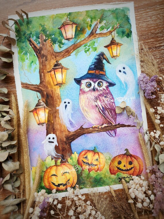 Halloween Owl - ORIGINAL watercolor hand painted by Yui Chatkamol, 7.5x11 inches, owl decor art halloween, owl ornaments