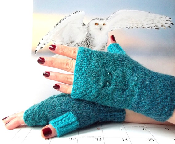 Teal White Owl Gloves, Knit Fingerless Mittens, Knitted Fingerless Gloves, Knit Wrist Warmers, Hand Knit Gloves, Cute Owl Gift for Her.