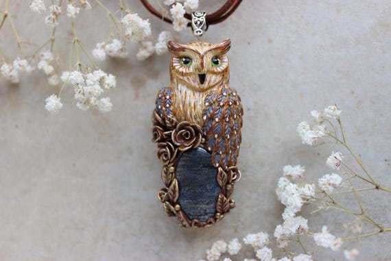 Long-eared owl necklace Pendant with marcasite Jewelry with natural stones