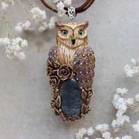 Long-eared owl necklace Pendant with marcasite Jewelry with natural stones