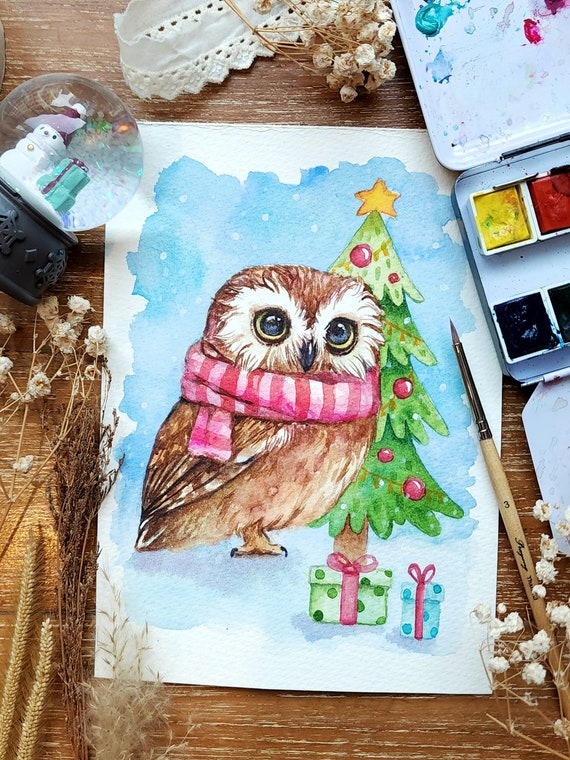 Mini Christmas Owl -  ORIGINAL watercolor painting 5x7 inches, Hand-painted by Yui Chatkamol, Tiny bird Christmas decorations, gift ideas