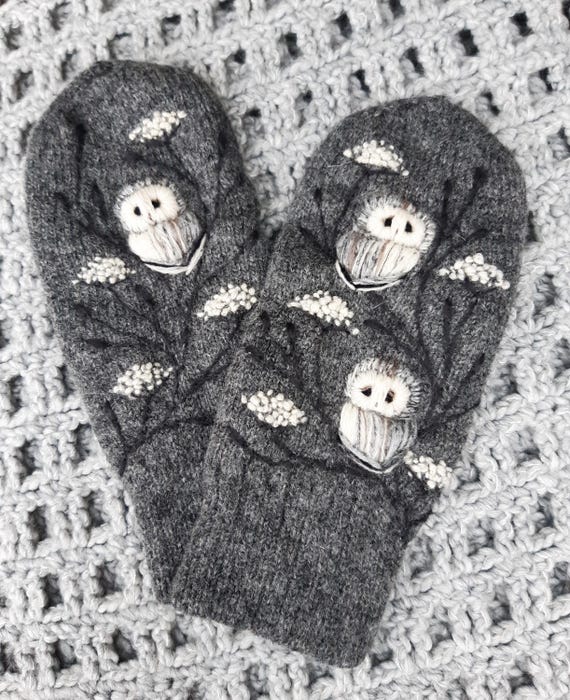 Knitted and felted lined winter mittens with embroidery owl,soft and casual winter accessories,lovely Christmas gift for her,owl collection.