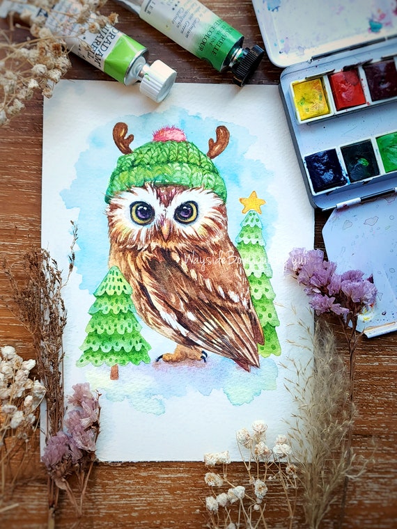 Mini Christmas Owl - ORIGINAL watercolor hand-painted 5x7 inches,by Yui Chatkamol, Tiny owl Christmas decor,