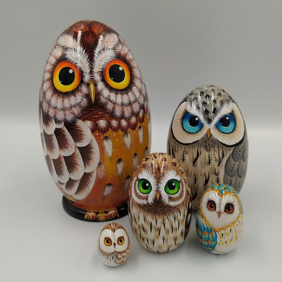 Owl Nesting doll Matryoshka Egg 5 pcs 14cm/5,5 inch Hand Made Kids Wooden Toys, Room Decor, Home Decor, Wooden Animal Toys,Gift for Mom