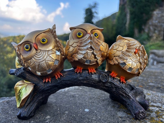 Shiny See Speak Hear No Evil Owl - Handmade Home Decor Sculpture, Perfect Christmas Gift