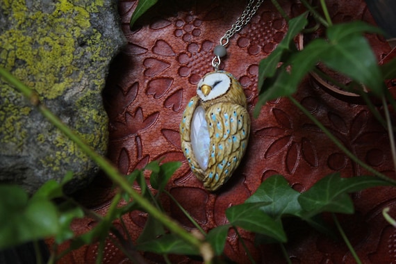 Barn Owl With Moonstone Necklace, Witchy Owl Jewelry, Owl Spirit Necklace