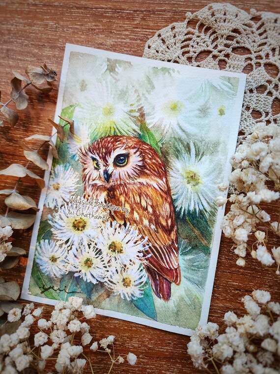 ORIGINAL watercolor painting 5x7 inches pained by Yui Chatkamol,Enchanting Owl in Bloom, Hand painted, gift for her, home decor,real, card