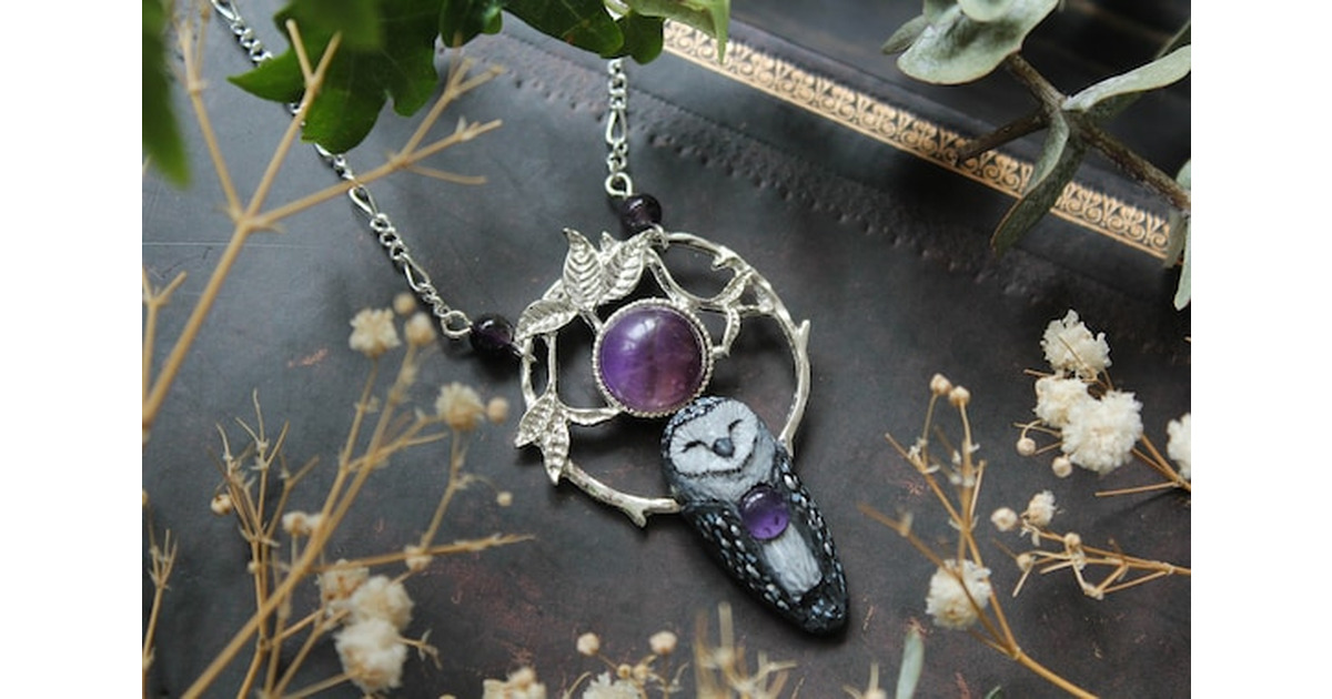 Grey Barn Owl Amethyst necklace, Barn owl Jewelry, Owl Spirit Charm ...