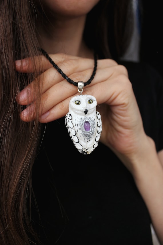 White owl pendant Amethyst jewelry Polar owl Snow owl pendant Winter ...