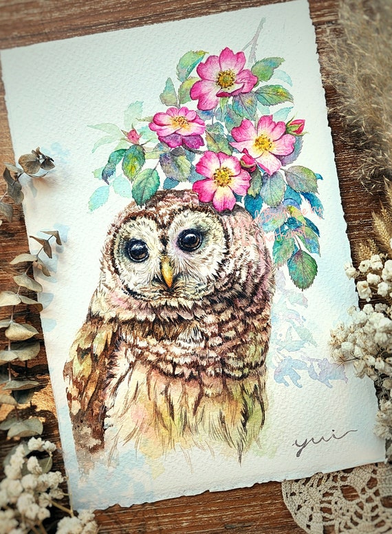 ORIGINAL watercolor painting 7.5x11 inches,Silent Guardian-Floral Embrace, Hand painted by Yui Chatkamol,owl art, minimalist, gift,Wildlife