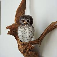 Pygmy owl, a sculpture of an owl sitting on a branch, carved owl, Glaucidium passerinum.