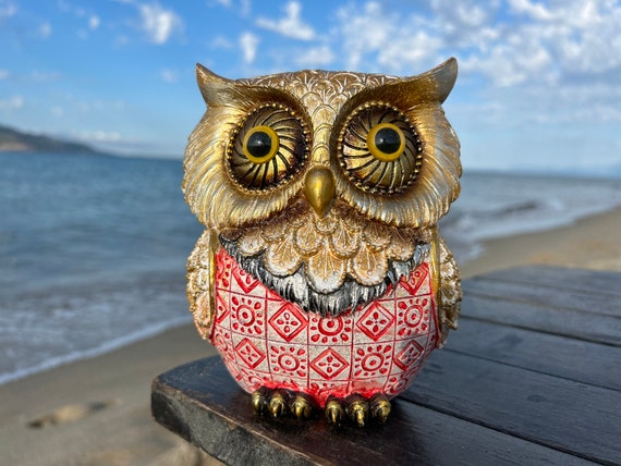 Gold and Red Owl Figurine with Big Eyes - Handmade Christmas Gift for Owl Lovers