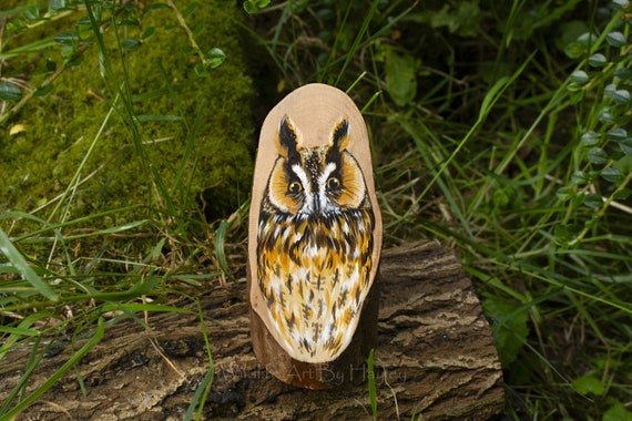 Long eared owl painting on recycled wood