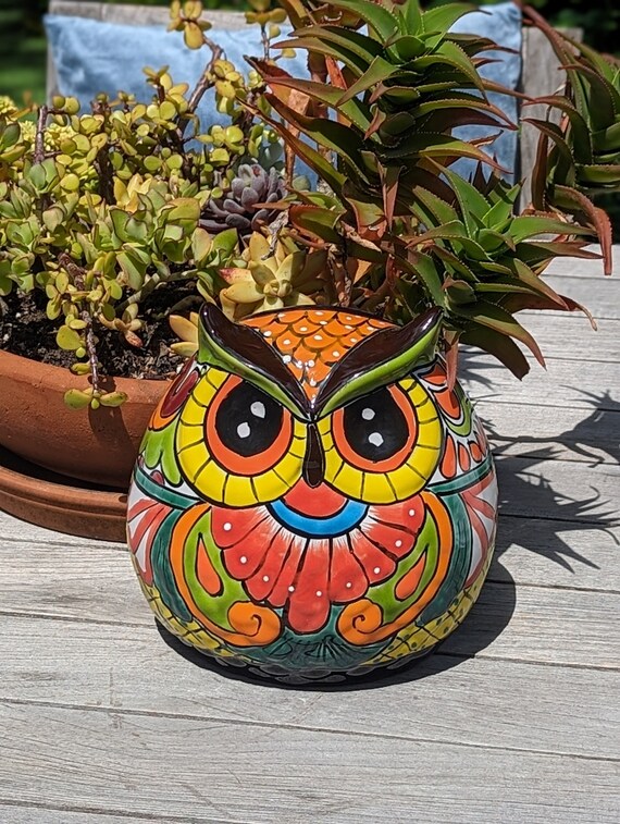 Talavera Owl Planter Ceramic Flower Pot, Mexican Pottery is Colorful Indoor or Outdoor Owl Decor, Owl Gift Plant Pot Home Decor