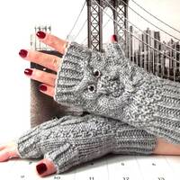 Gray Owl Gloves, Knit Fingerless Mittens, Knitted Fingerless Gloves, Knit Wrist Warmers, Han...