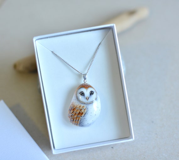 Hand painted stone, Owl, Barn owl, pendant/necklace