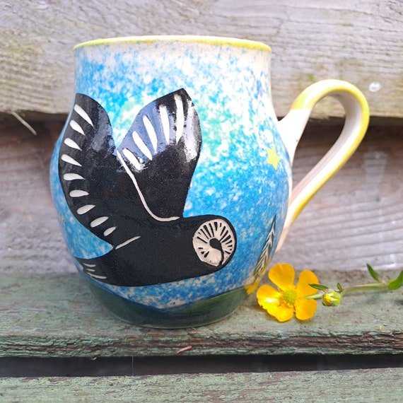 OWL CUDDLE MUG - Handmade Pottery Mug - Hand Painted Owl Mug - Handmade In Wales - Flying Owl Stoneware Mug