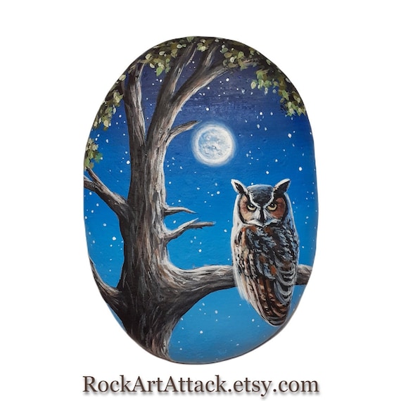 Great horned owl sitting on a tree branch in the moonlight hand painted on stone! Original acrylic painting and coated with satin varnish.