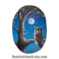 Great horned owl sitting on a tree branch in the moonlight hand painted on stone! Original a...
