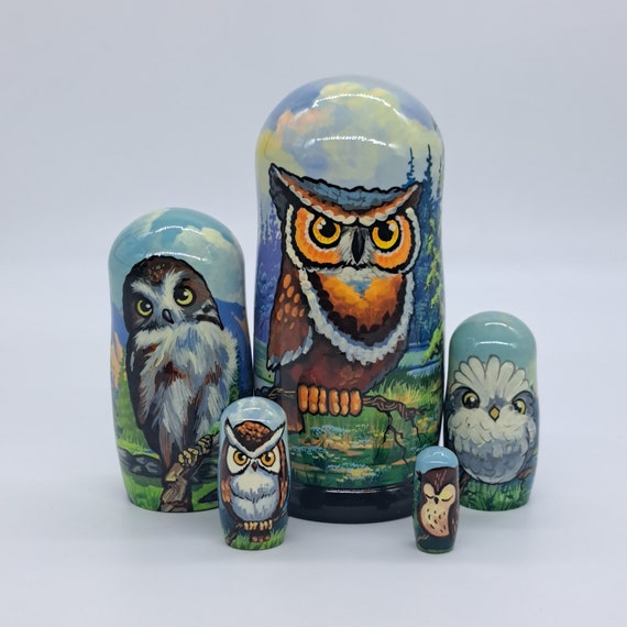 7" Nesting dolls 5 in 1 Owls friends Matryoshka Ukrainian nesting dolls Home decor Artwork from Ukraine