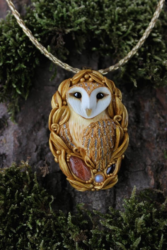 Barn owl pendant Jewelry with stones Garnet Moonstone Sunstone Exquisite necklace Bird amulet Totem Unique gift Owls Forest Nature