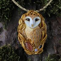 Barn owl pendant Jewelry with stones Garnet Moonstone Sunstone Exquisite necklace Bird amule...