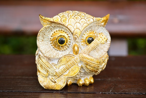 White and Gold Guitarist Owl Figurine,Feng Shui Decor,Owl Home Decor,Мusician Figurine