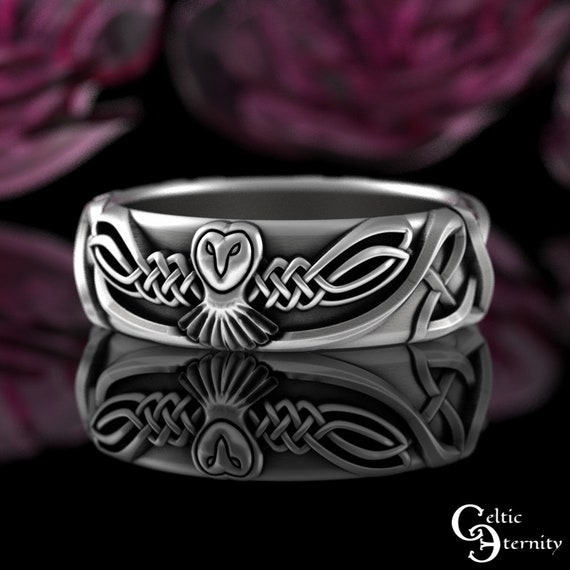 Sterling Womens Owl Wedding Band, Bridal Celtic Owl Ring, Irish Night Owl Wedding Ring, Owl Spirit Animal Jewelry, 925 Night Bird, 3187