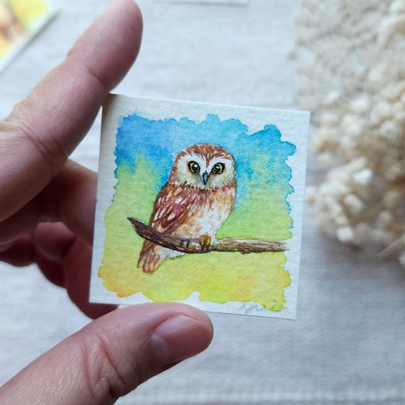 Mini Watercolor owl hand painted by Yui Chatkamol 2x2 inches, Unframed, Tiny painting,Small art,Mini painting owl miniature