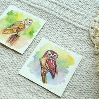Original Hand-Painted Mini Watercolor owl Paintings by Yui Chatkamol set of 2 – 2x2 in...