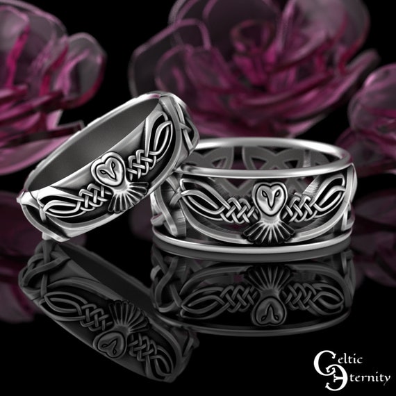 His Hers Owl Wedding Band Set, Matching Sterling Irish Knotwork Rings, Barn Owl Handfasting, Celtic Spirit Animal Bride Groom, 3187 1016